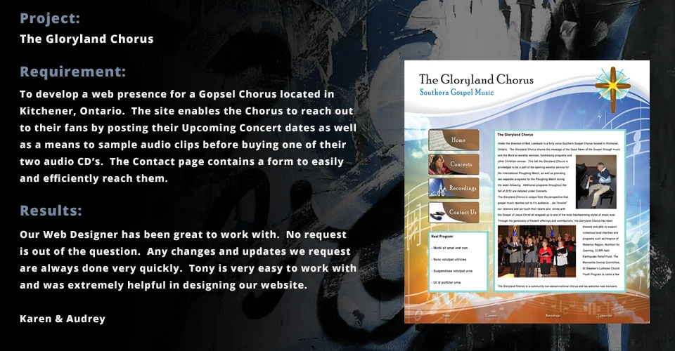 Client Portfolio Slider image for the Gloryland Chorus website. Serving Nanaimo, Parksville and Surrounding Region